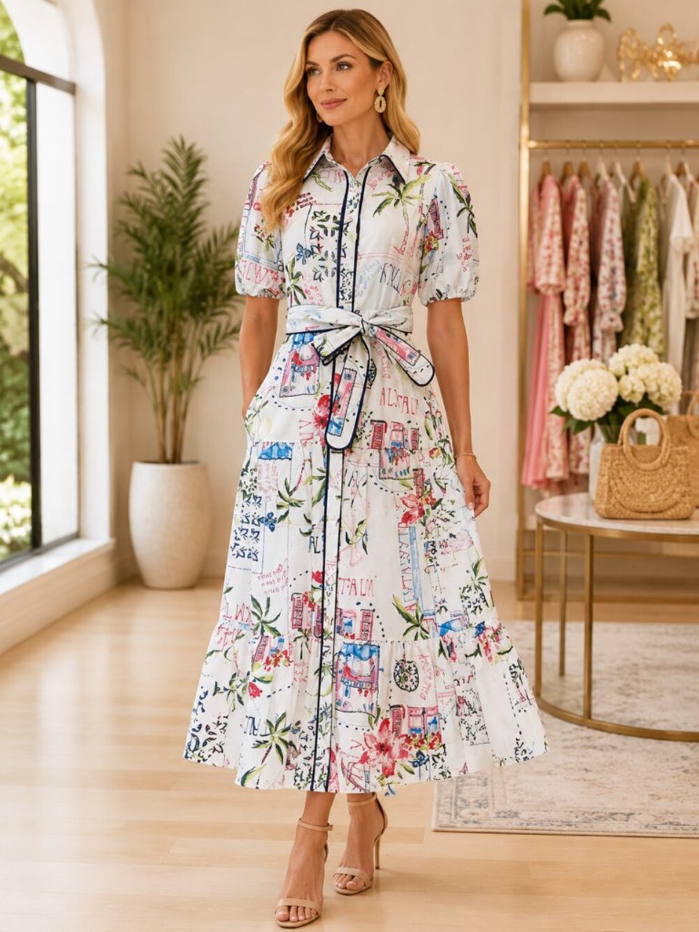 D59824 White Graphic Print with Collar Long Sundress with puff Sleeve